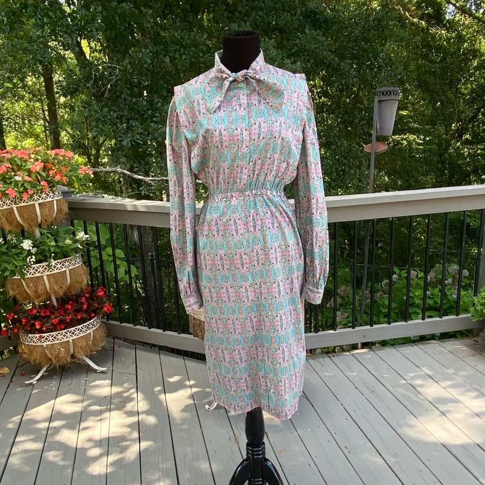 Vintage 80s Cottagecore Floral Paisley Necktie MIDI Secretary Dress